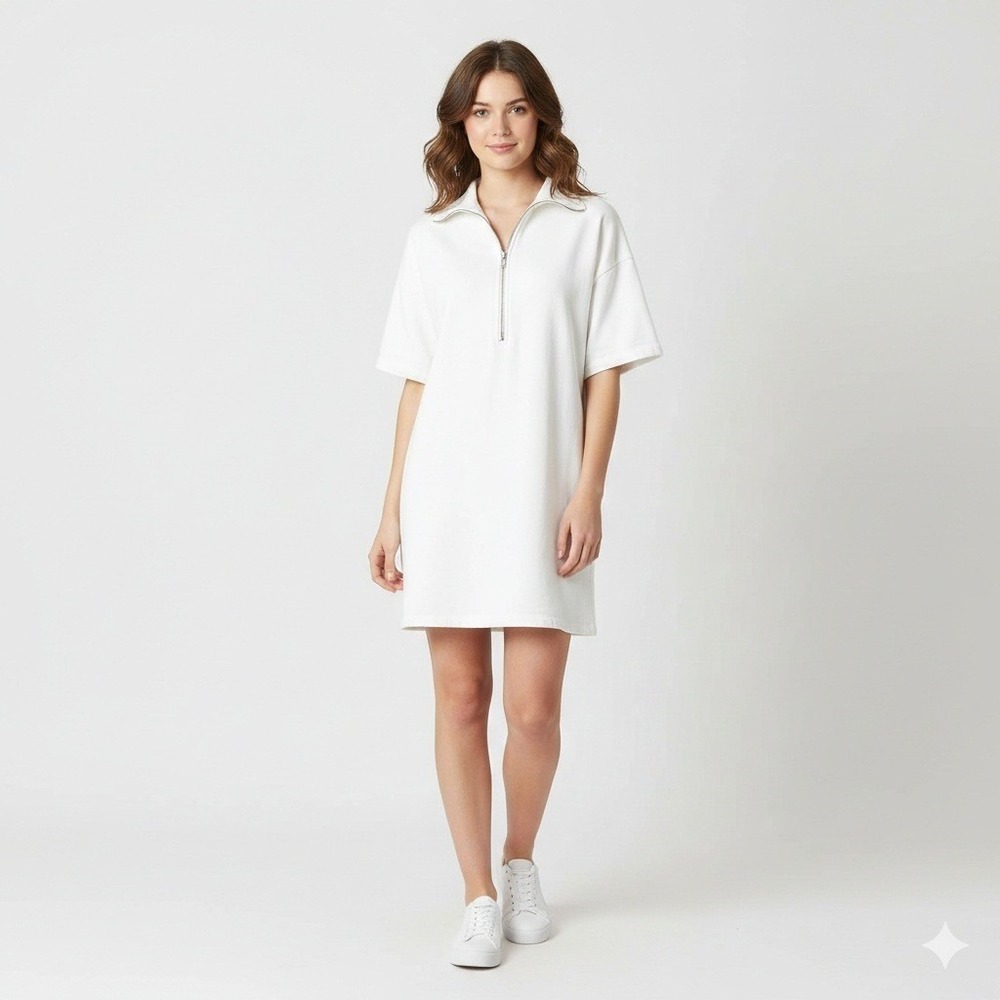 Reformation Hampton Sweat Mini Dress White Organic Cotton Fleece Half Zip XS